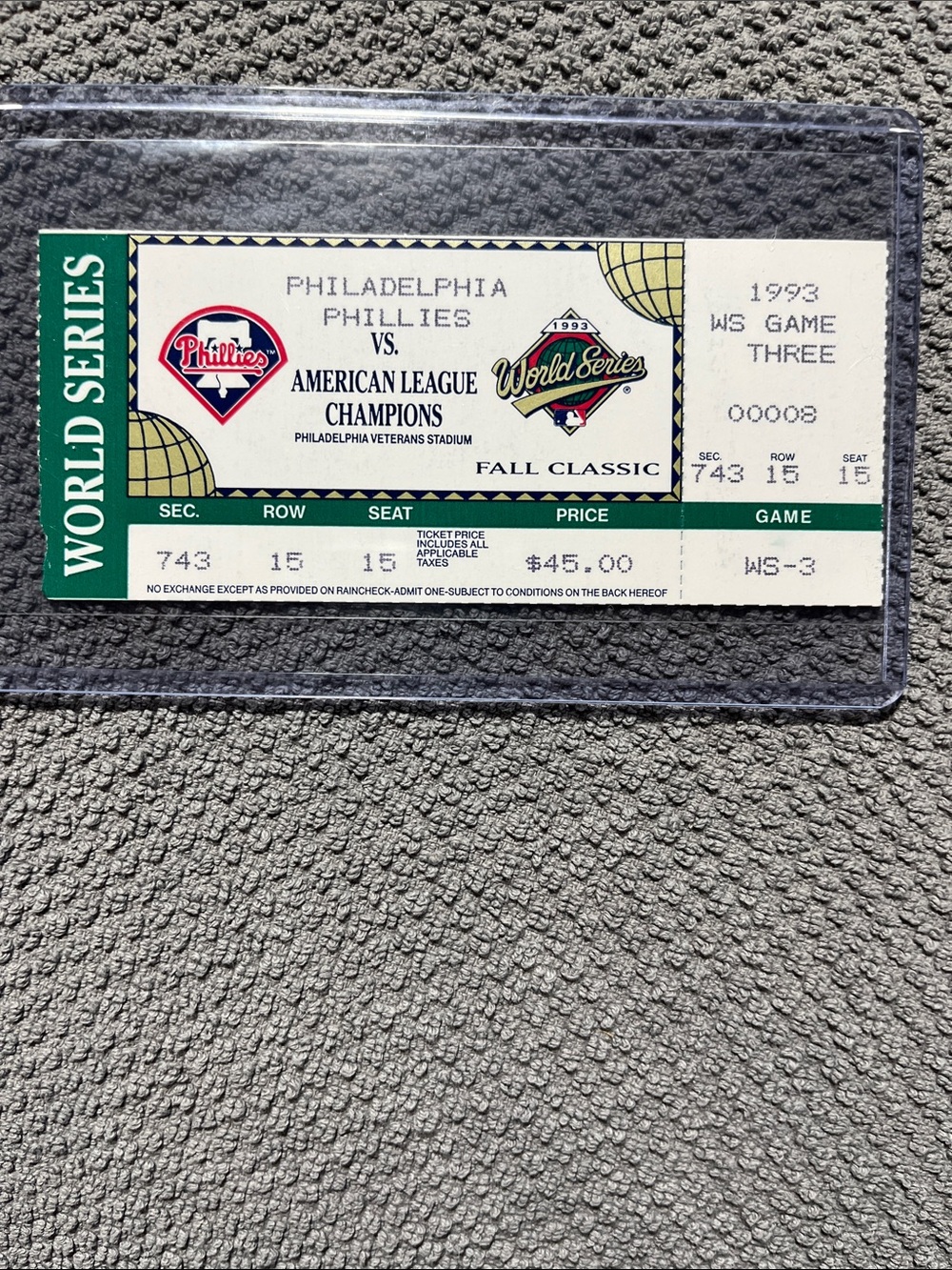 1993 World Series ticket stub - Game 3 Philadelphia Phillies VS American League
